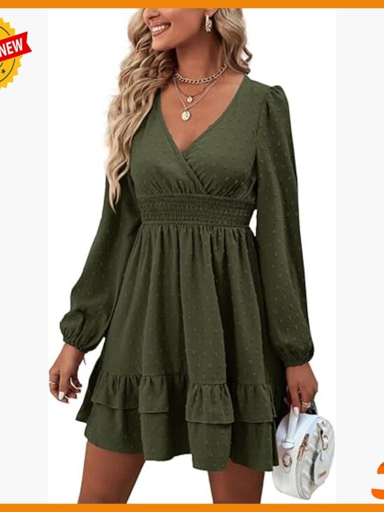 Dresses & Skirts - Long Sleeve Wrap Mini Dress with Ruffle Hem Swiss Dots Fabric